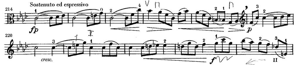 fig. 11 I Henle är takt 219 noterad en oktav ner som i (fig. 12). fig. 12 Vid bytet av utgåva till Henle, upplevde jag att oktavbytet i takt 219 (fig.