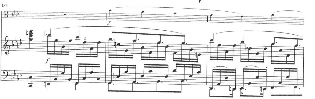 fig. 21 I expositionens sidotema byggs tempot upp och en ny karaktär inträder. I växelspelet mellan viola- och pianostämman (fig.