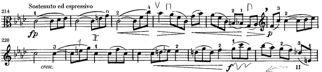 överensstämmer inte Wiener och Henle. I den sistnämnda utgåvan förekommer en oktavering i takt 214 (fig. 31). fig. 31 Wiener väljer att börja Sostenuto ed espressivo en oktav högre än Henle (fig. 32).