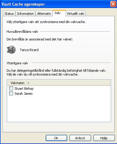 34 Hantera Enterprise Vault-arkivering Granska och ändra valvcache-egenskaper Välja ytterligare ett valv att synkronisera med 1 I menyn Verktyg klickar du på Enterprise Vault > Valvcacheegenskaper.