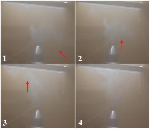 Resultat Figur 21: Cirkulerande luftrörelse i rummet. 5.1.1 Luftflöden Med sänkta luftflöden (108 m 3 /h) tätnade röken snabbare och röken i rummet blev också tätare.