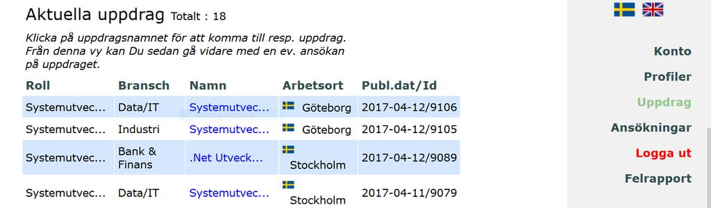 Men totalt sett gäller regeln att det måste finnas matchning mellan alla ifyllda kriteriefält och uppdraget. För att visa valda uppdrag klickar du på knappen Sök uppdrag med kriterier.