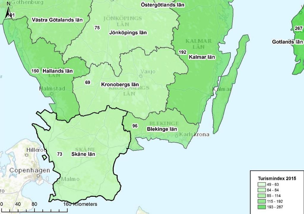 Turismindex -Skåne län Kartan illustrerar ett turismindex för Skånes län samt omkringliggande kommuners index.