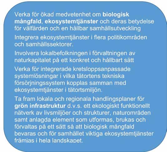 Insatser för Närhet till naturen kan vara Satsa på närnaturens kvalitet och tillgänglighet särskilt i de socioekonomiskt svagaste bostadsområdena Utveckla användningen av utomhuspedagogik i skolan