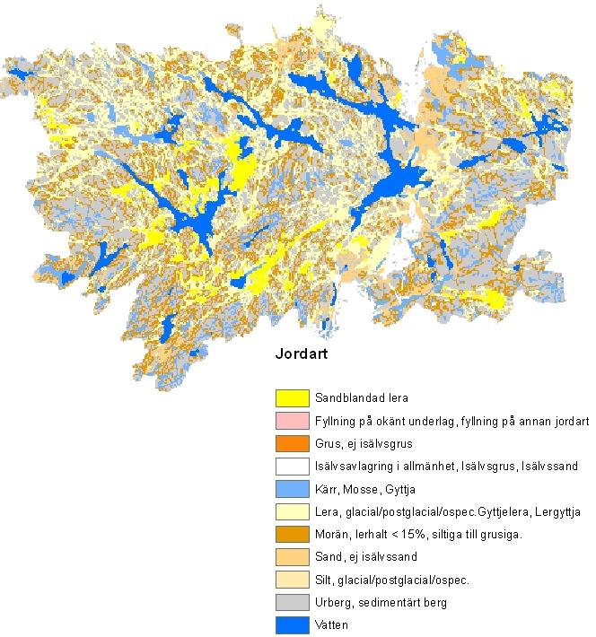 7.3 Jordarter Jordartsdatat som också rastrerades till 5 x 5 meters upplösning kommer från SGU:s jordartskarta i 1:50 000 upplösning.