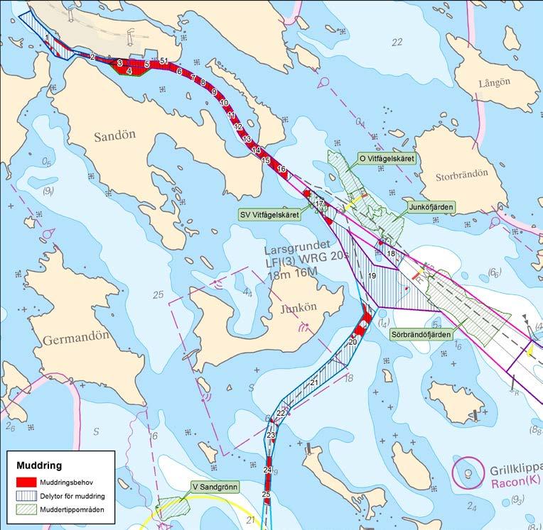 Figur 3 Karta masshantering, se även bilaga 1b Område inom vilka sprängning blir aktuellt utgörs primärt av avsnittet mellan Malmhamnen och Krokabuskgrundet/Altappen