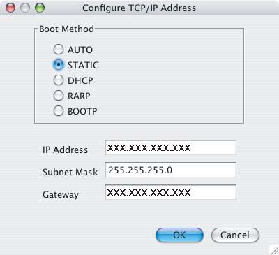 5 Välj STATIC (STATIC) som Boot Method (Bootmetod). Ange IP Address (IP-adress), Subnet Mask (Nätmask) och Gateway (Gateway) och klicka på OK.