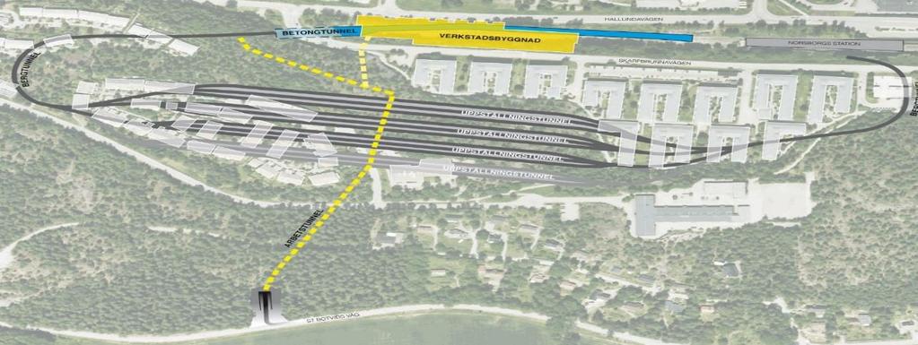 2016-03-14, s 7 (13) Figur 4 Principskiss för Norsborgsdepåns anläggningsdelar samt arbetstunnel (arbetstunneln sträcker sig från St. Botvids väg till det röda strecket).