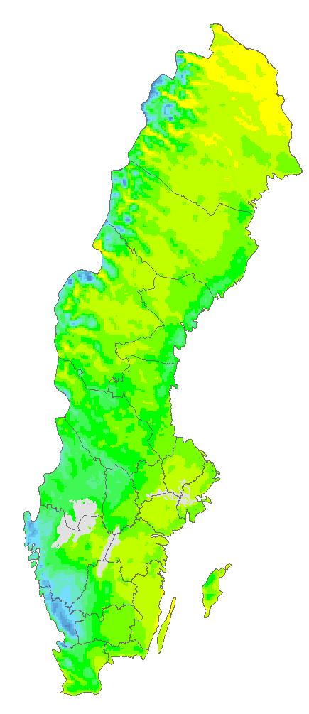 5.6 Antal dagar med mer än 10 mm nederbörd Observerat 1961-1990 Kartorna visar medelvärdet av