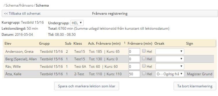 Ångra klarmarkering Klar lektion visas nu med ett K i gröna rutan och kan ej klarmarkeras igen från denna vy.