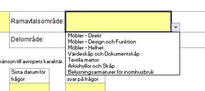 I dessa rutor ska den avropande organisationen fylla i uppgifter om Ramavtalsområde, Delområde och Diarienummer och Datum.