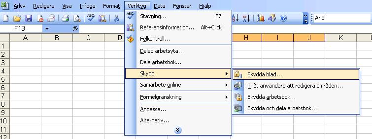 Version 1,0 2013-01-09 3. Skydda bladen med inmatade uppgifter Gå igenom arbetsboken blad för blad och skydda enl nedan.