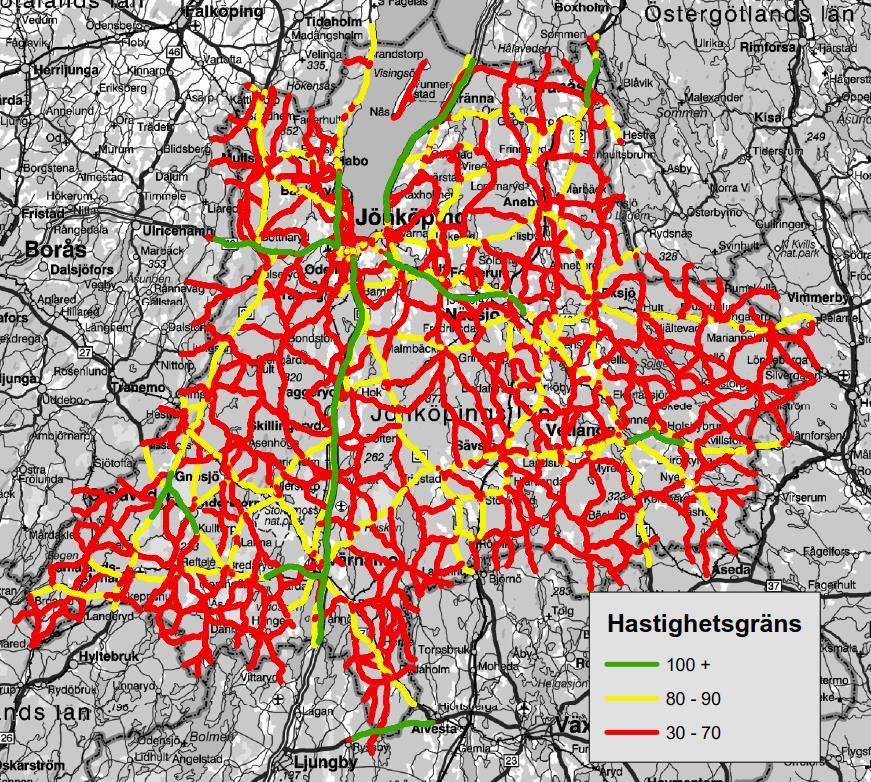 23 (54) Väg- och trafikförhållanden - översikt Jönköpings län Vägnät Den största och mest högklassiga vägen genom Jönköpings län är E4, både vad gäller trafikflöde, vägstandard och tillåten hastighet.