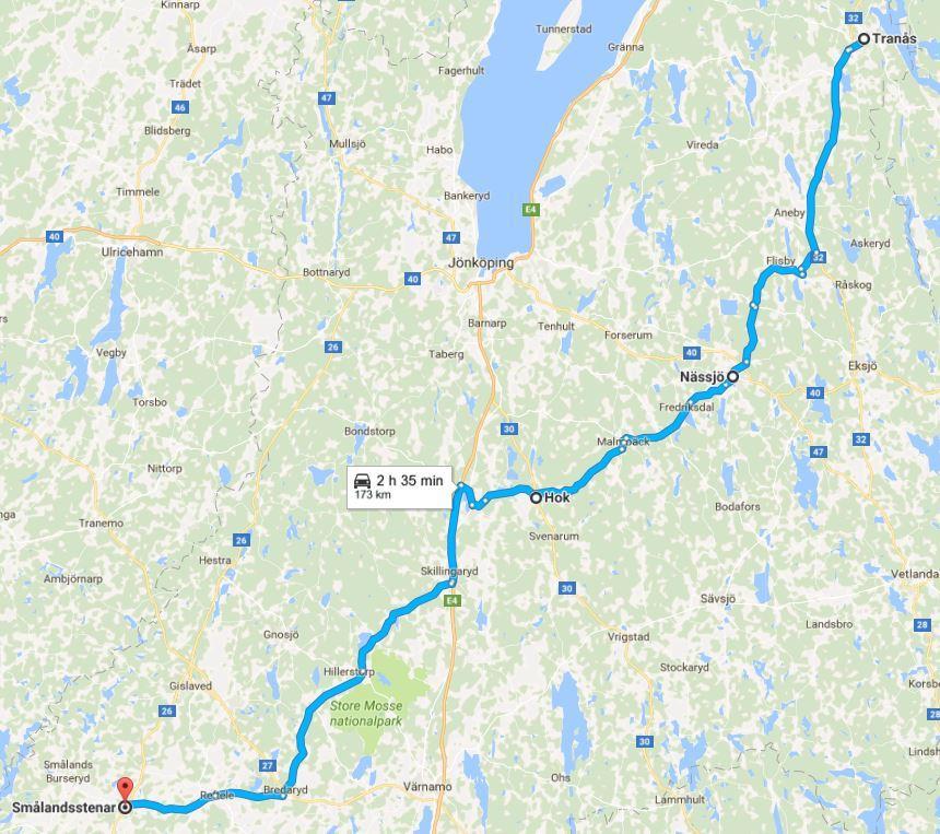 27 (54) Diagonalen Diagonalen utgörs av flera olika delsträckor mellan Tranås och Smålandsstenar. Den totala väglängden är cirka 170 km.