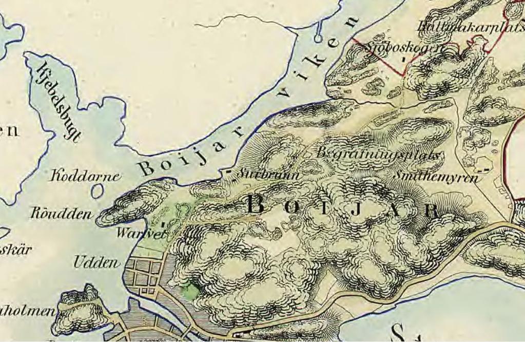 RAÄ Strömstad 21 Figur 4. Karta från år 1855. Varvet vid dagens sjukhus syns, liksom en Surbrunn nära undersökningsområdet Läget för RAÄ Strömstad 21 markerat med röd ring.