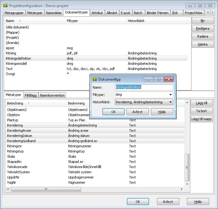 Projektkonfiguration Då är projektet konfigurerat för att lägga revideringar på dokumenttypen ritningsdefinition.