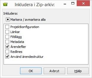 Arbeta med 3. Innan zip-filen skapas så får man välja vad man vill ha med i filen. Projektkonfiguration tar med chaosdesktop.xml för det aktuella projektet.