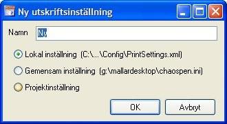 Skrivarinställningar kan skapas och sparas, antingen som lokala-, gemensamma- eller projektinställningar. Se även Konfiguration - inställningar och Projektkonfiguration - allmant.