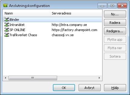 Konfiguration Anslutningskonfiguration Med Chaos desktop kan du ansluta till externa platser som t ex en Chaos-databas, ibinder och SharePoint. Detta kan göras via internt nätverk eller över internet.