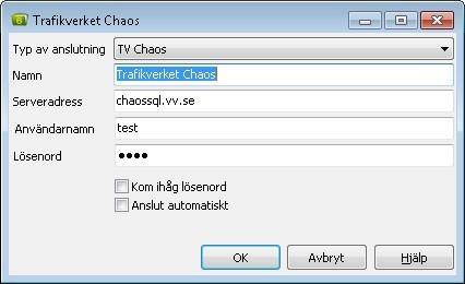 Konfiguration Anslutning till Chaos-databas Typ av anslutning, välj TV Chaos i listan. Namn, ange valfritt namn på anslutningen. Serveradress, skall vara chaossql.vv.