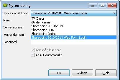 Chaos desktop manual Anslutning till SharePoint Beroende på vilken SharePoint-server din webb ligger på väljer du rätt typ av anslutning i listan. För SharePoint 2007 väljer du SharePoint 2007.