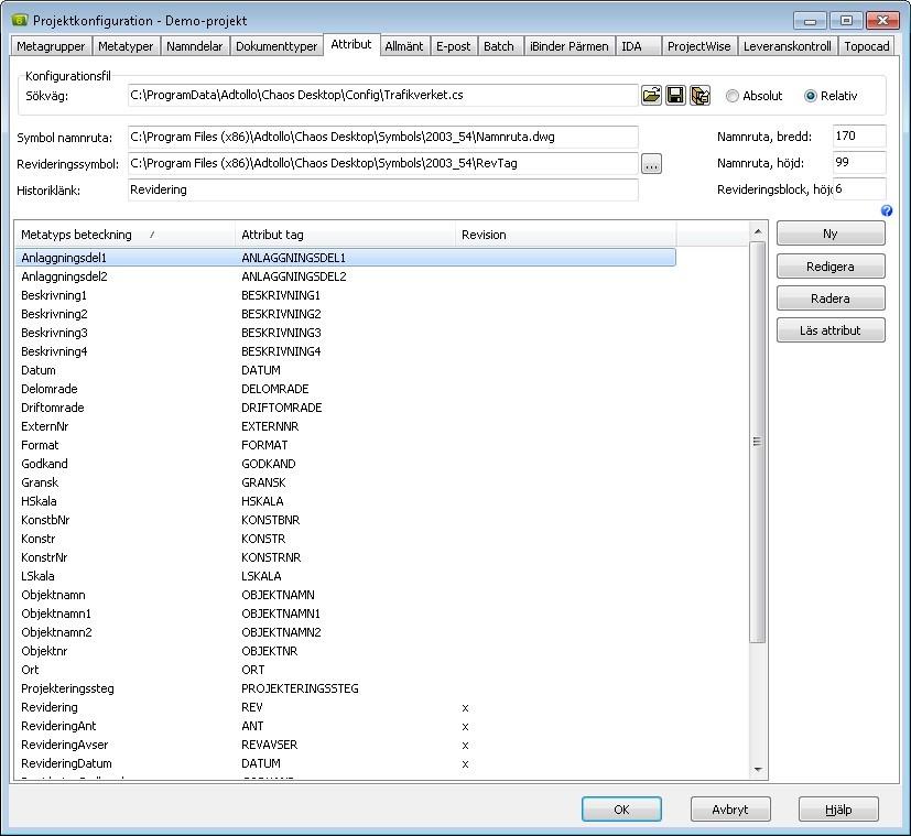 Projektkonfiguration Projektkonfiguration - Attribut I projektkonfiguration väljs, eller skapas, en CS-fil. Denna fil innehåller pekare på block till namnruta respektive revideringssymbol.