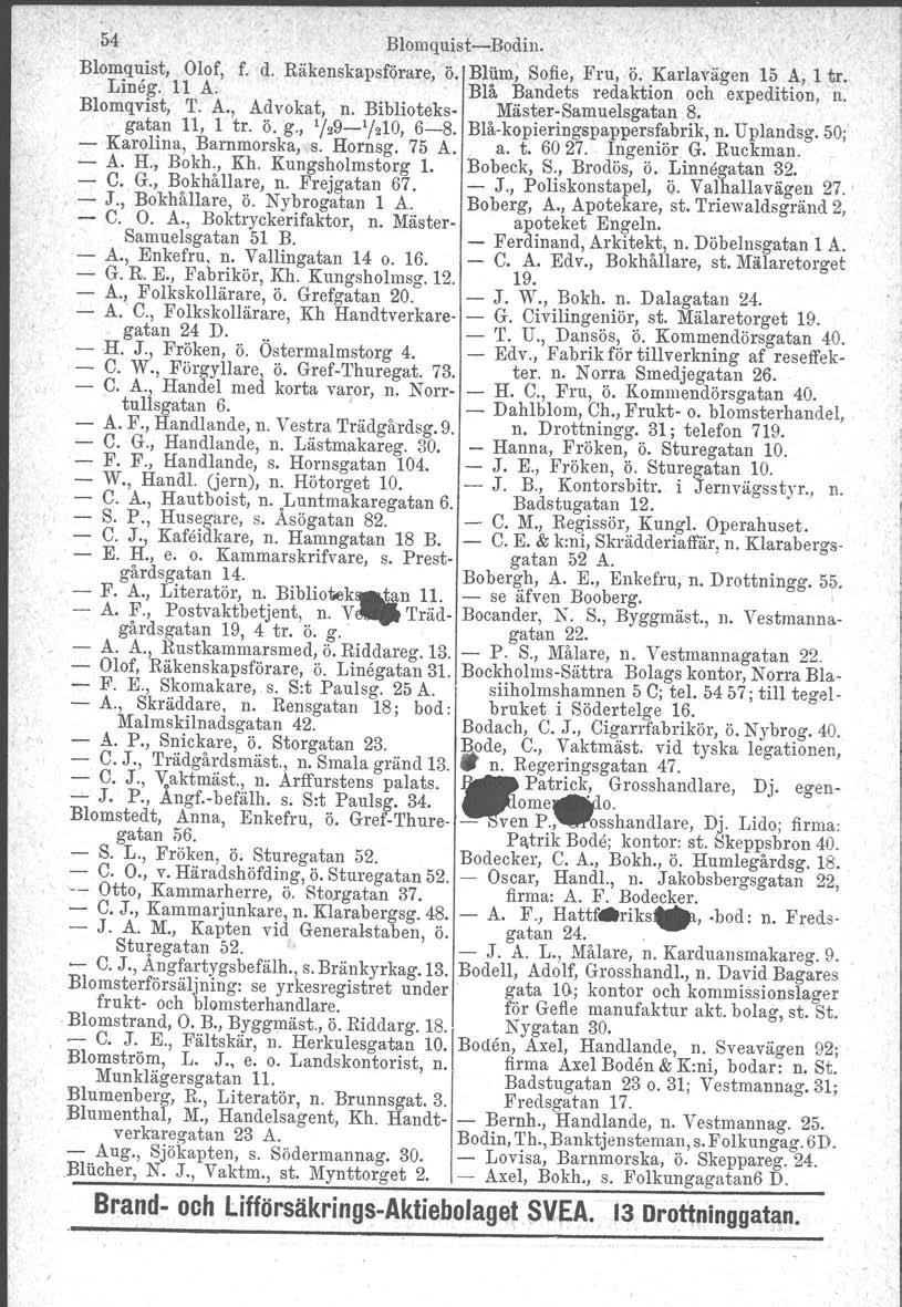 54 BlomquisteBodiu. Blomquist, Olof, f. d. Räkenskapsförare, ö. Bliim; Sofie, Fru, ö. Karlavagen 15 A, 1 tro Lineg. 11 A. Blå Bandets redaktion och expedition, n. Blomqvist, T. A., Advokat, n.