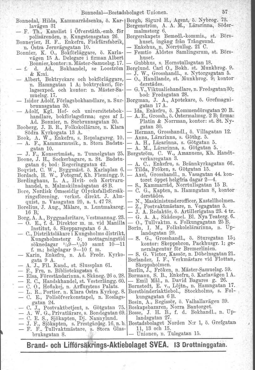 Bonnedal Bostadsbolaget Unionen. 57 Bonnedal, Hilda, Kammarrådsenka, ö. Kar Borgh, Sigurd H., Agent, ö. Nybrog. 73. lavägen 31..' Borgenström. A. A. M., Lärarinna, Söder F. Th., Kanslist i Ofverståth.