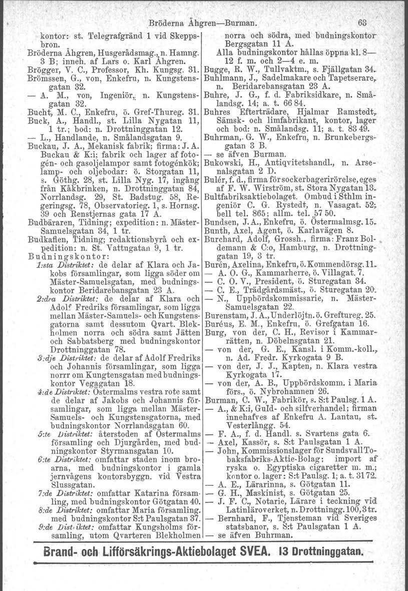.Bröderns ÄhgrenBurman. 63 kontor': st. Telegrafgränd 1 vid Skepps norra och södra, med budningskontor bron. Bergsgatan 11 A. Bröderna Åhgren, Husgerådsmag.jn. Hamng.