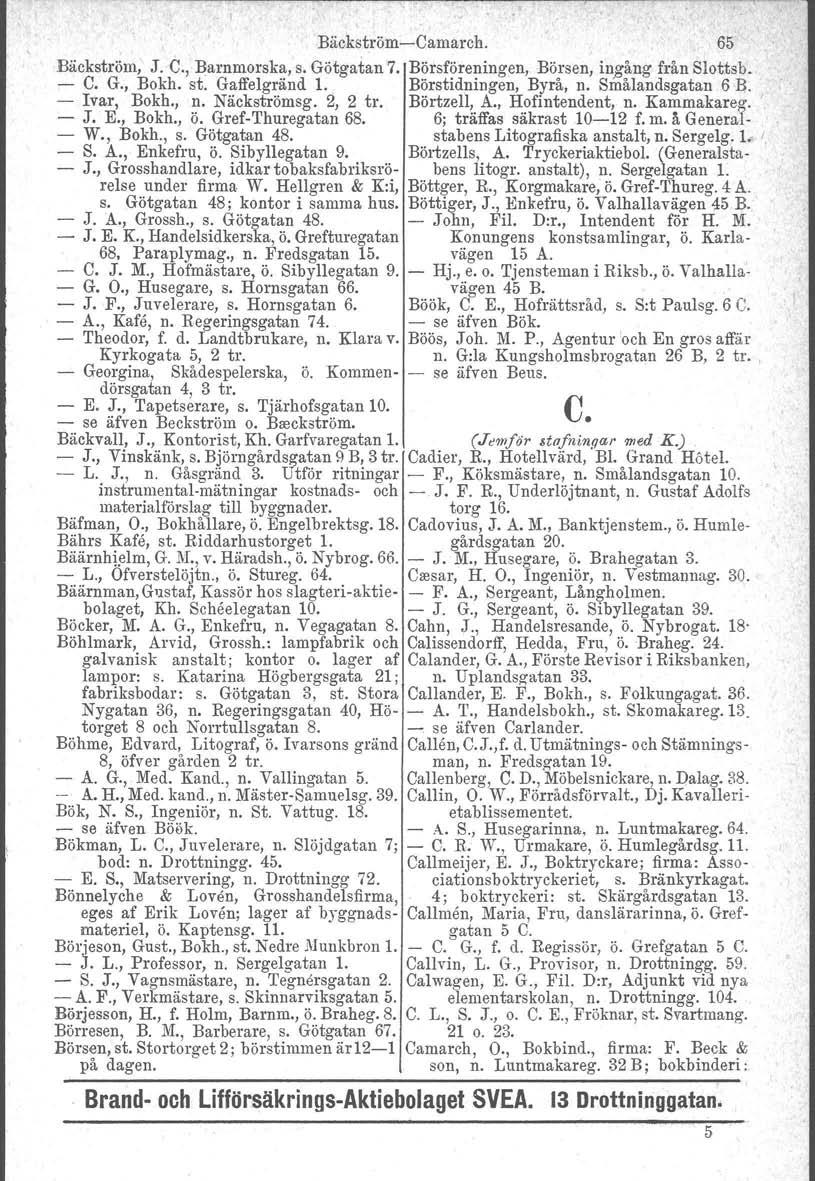 BäckströmCamarch. 65 Bäckström, J. C., Barnmorska, s. Götgatan 7. Börsföreningen, Börsen, ingång från Slottsb. C. G., Bokh. st. Gaffelgränd 1. Börstidningen. Byrå, n. Sinålandsgatan 6 B. Ivar, Bokh.