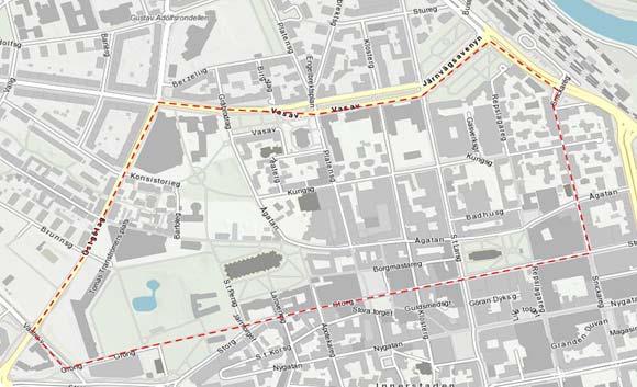 Kortegeslingan går medsols på följande gator: Storgatan-Gröngatan-Västra vägen-östgötagatan-vasavägen-järnvägsavenyn-järnvägsgatan- Snickaregatan.