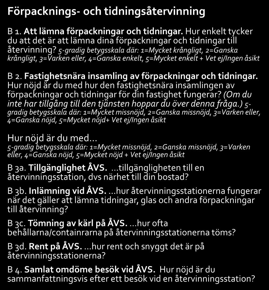 Samtliga frågor 1(4) Förklaring till koder för frågetyper: B = betyg, AE = alternativ enval, YN = Ja eller nej, F = fritext Förpacknings- och tidningsåtervinning B 1.