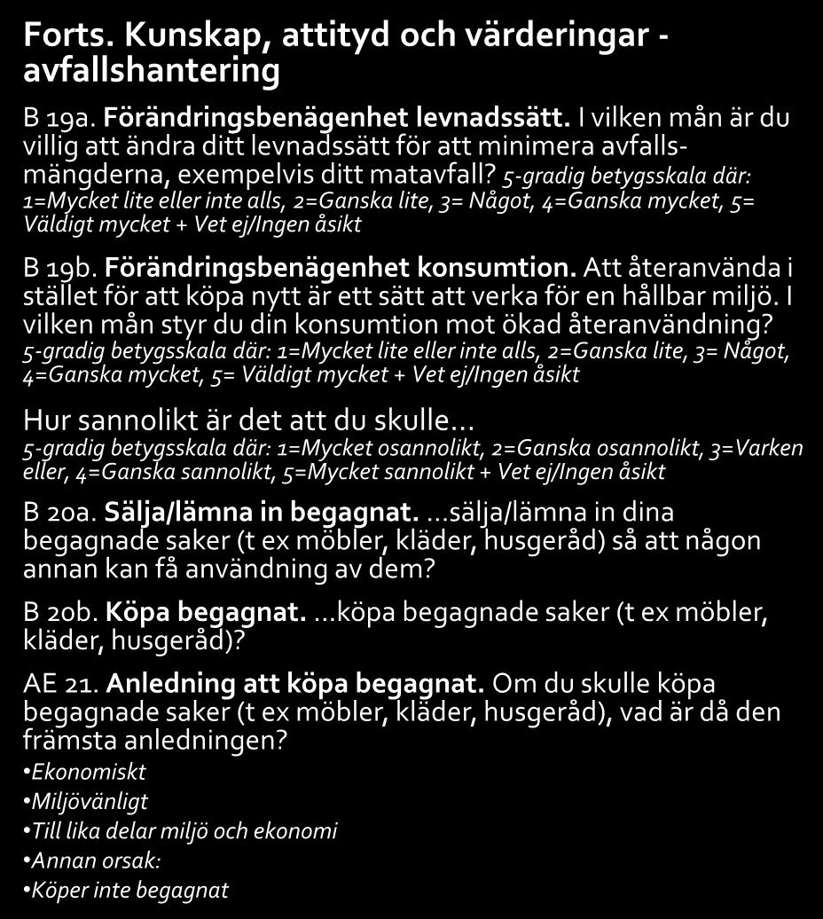 Samtliga frågor 3(4) Förklaring till koder för frågetyper: B = betyg, AE = alternativ enval, YN = Ja eller nej, F = fritext Kunskap, attityd och värderingar - avfallshantering AE 16.