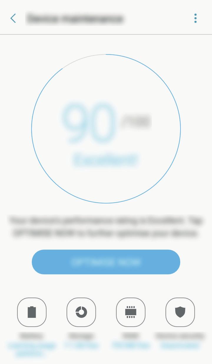 Inställningar Enhetsunderhåll Enhetens underhållssystem ger dig en översikt över statusen på enhetens batteri, lagring, RAM och systemsäkerhet.