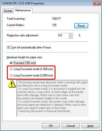 3 Klicka på [CANON DR-C225 USB] och klicka på [Properties] [Egenskaper]. 4 Klicka på fliken [Maintenance] [Underhåll] välj sedan läget Long Document (Långa dokument).