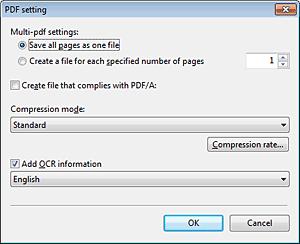 PDF-inställning JPEG-inställning I [Multi-pdf settings] [Multi-pdf-inställningar] anges om den skannade bilden ska sparas som en enda flersidig fil ([Save all