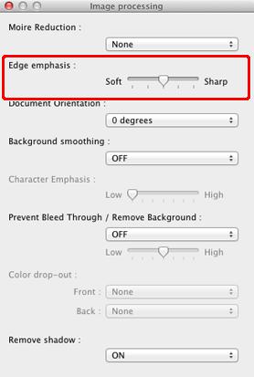 Klicka på [Image processing] [Bildbehandling] och justera inställningen edge emphasis (kantbetoning) i dialogrutan som visas.
