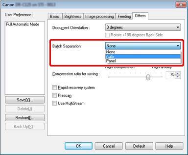 Ställ in [Batch Separation] [Buntseparering] på fliken [Others] [Övrigt] på [Auto] eller [Panel].
