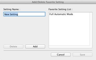 Om du vill spara en inställning i skannerdrivrutinen När du slutfört konfigurationen av en inställning markeras [Add/Delete] [Lägg till/ta bort] under [Favorite Setting] [Favoritinställningar] för