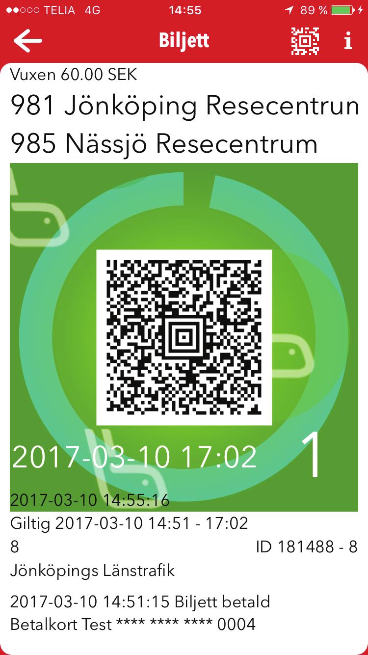 KONTROLLERA MOBILBILJETTENS GILTIGHET Enkel kontroll (se bild nedan) 1 2 3 4 5 Se att biljetten är giltig (Den har då en grön platta med rörlig animation.