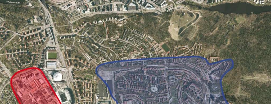 SID 5 (15) Röd markering visar stadsutvecklingsområdet Söderstaden. Blå markering visar utvecklingsområdet. Hammarbyhöjden-Björkhagen med Nytorpsgärde. Svart cirkel markerar planområdet.