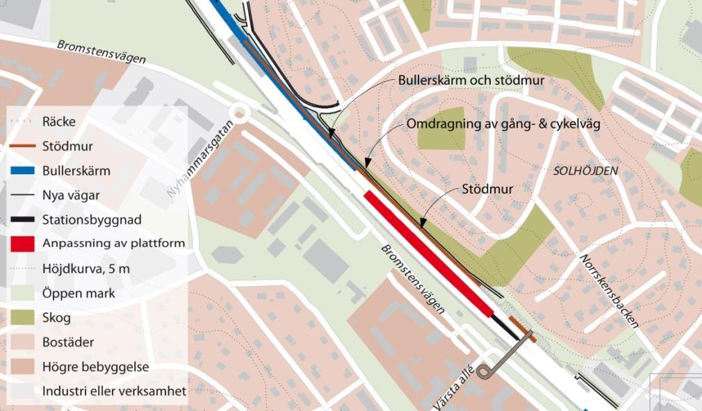 Sida 5 (10) Planförslaget Detaljplanen möjliggör utbyggnad av två nya spår. De nya spåren byggs i huvudsak ut på ömse sidor om befintliga två spår.