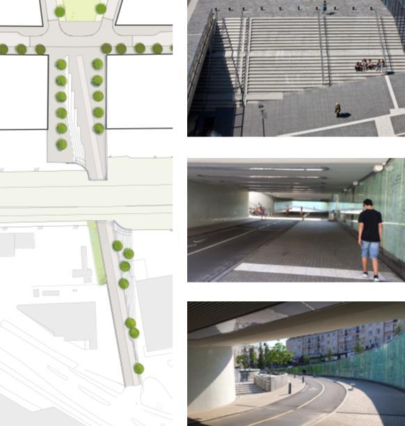 Sida 7 (10) Gång- och cykeltunneln utformas för tillgänglighet och trygghet: maximal lutning 5 %, bredd 9 meter, takhöjd 3,1 meter och ljusa väggar.