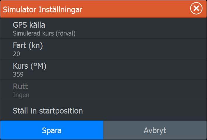 Fart, Kurs och Rutt Används för att ange värden manuellt när GPS-källan är inställd till Simulerad kurs eller Simulerad rutt.