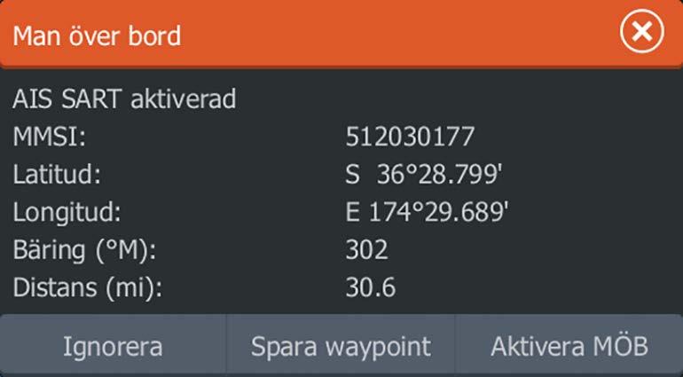 AIS SART När en AIS SART (Search and Rescue beacon, nödsignalsfyr) aktiveras börjar den sända ut information om position och identifiering. Den här informationen tas emot av din AIS-enhet.