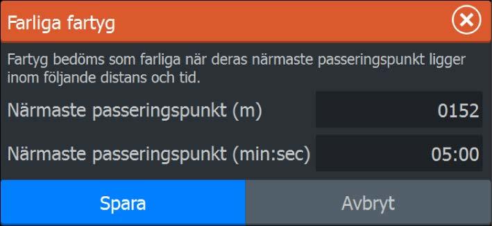 Definiera farliga fartyg Du kan definiera en osynlig larmzon kring ditt fartyg.