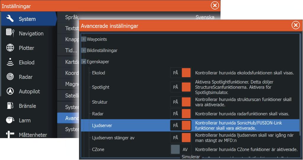 19 Ljud Om en SonicHub- server, ett FUSION marint underhållningssystem eller NMEA 2000-ljudsystem är anslutet till NMEA 2000-nätverket, kan du använda HDS Gen3 för att styra och anpassa ljudsystemet