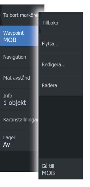 Visa information om MÖB-waypoint Du kan visa MÖB-information genom att välja MÖB-waypointen och sedan MÖB-waypointens popupruta.