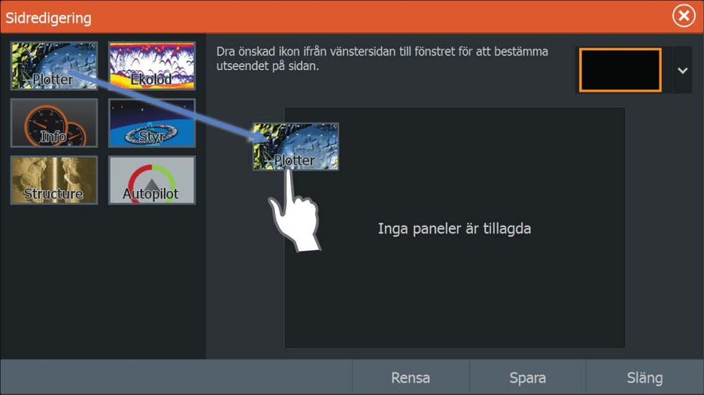 2. Skapa den nya sidan genom att dra och släppa sidikoner 3. Ändra layout för panelen vid behov (endast möjligt för 2- eller 3- paneler) 4. Spara sidlayouten.