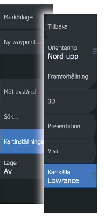 Välja typ av sjökort Du anger sjökortstypen på plotterpanelen genom att välja en av de tillgängliga sjökortstyperna under menyalternativet Kartkälla.